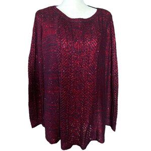 Burgundy woven metallic strands boat neck long sleeves loose sweater women XL